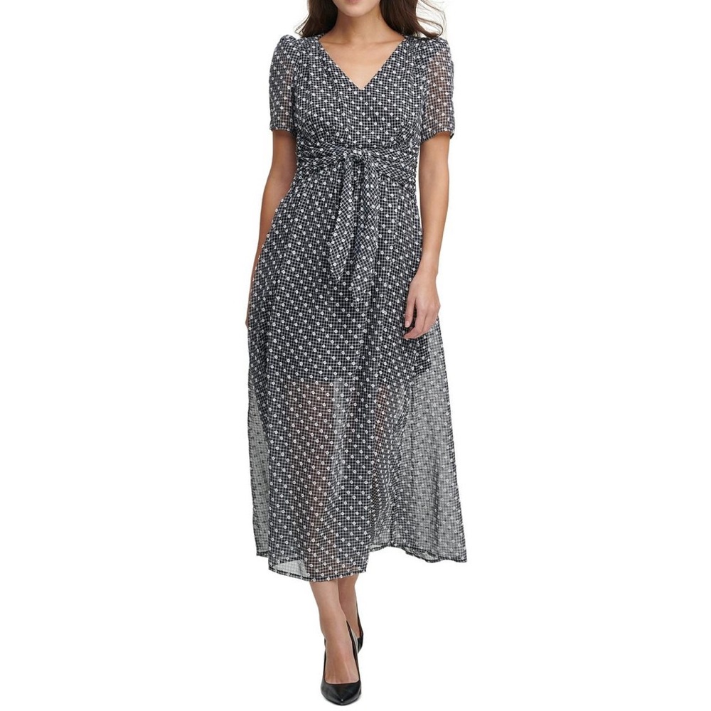 Calvin Klein Dotted V-Neck Short Sleeve Tie Waist
Maxi Dress Black and White - Picture 2 of 7